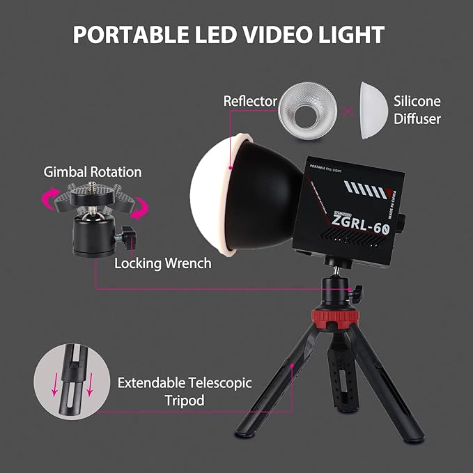 60W COB LED Video Light Handheld Portable with 8000 mAh Battery Dual-Color Photography Lighting Spotlight for Studio, Streaming, Phone Video, 2800K-6500K, 8 Lighting Effects, CRI ≥95