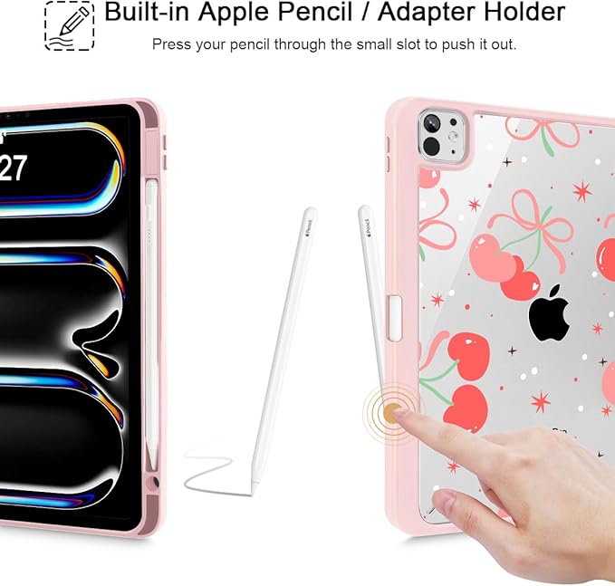 May Chen Case for iPad Pro 11-Inch M5/M4 2025/2024 (6th/5th Generation), [Penceil Holder] Trifold Stand Auto Wake/Sleep Clear TPU Protection Back Cover, Coquette Cherry