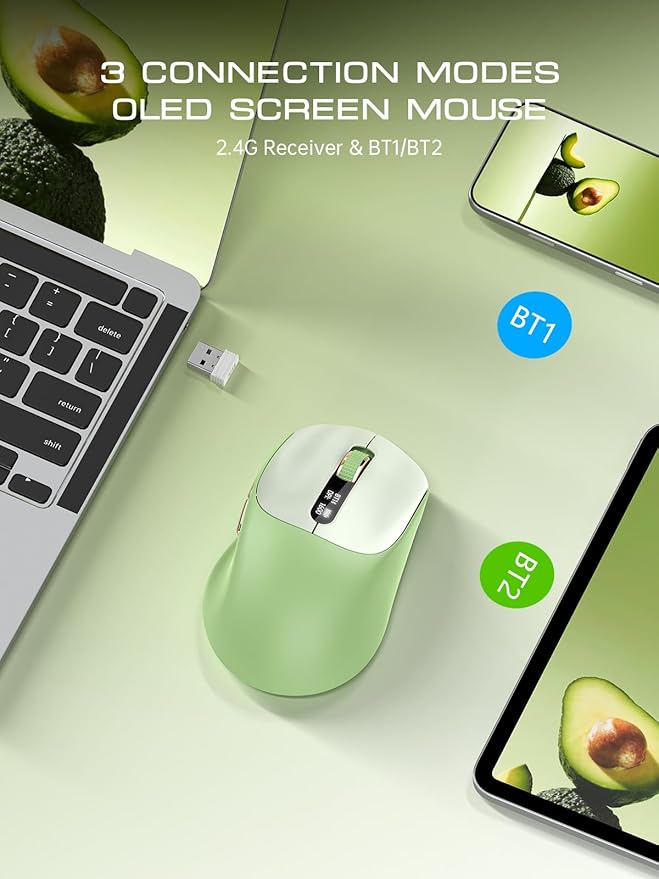 XISOGUU Wireless Bluetooth Mouse, Bluetooth 5.0/4.0 & 2.4G Tri-Mode, Type-C Rechargeable with LED Screen Display, Ergonomic Silent Click for Laptop/PC/Tablet, Multi-Device & Office Use