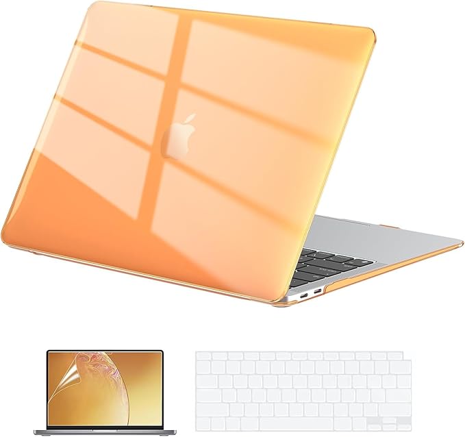 EooCoo Hard Case Compatible with MacBook Air 13.3 inch M1 Chip 2021-2018 with Retina Display, Air 13.3 inch Plastic Protective Case + Transparant Keyboard Cover + Screen Protector, Crystal Orange