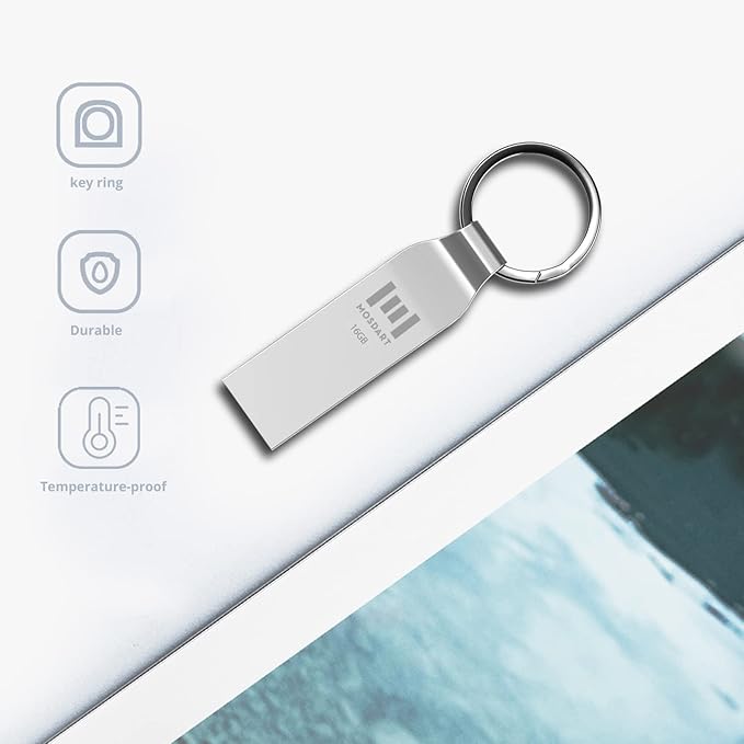 MOSDART Waterproof 16GB USB2.0 Flash Drive, FAT32 Metal Memory Stick with Keychain, for System Back, Data Storage, Silver