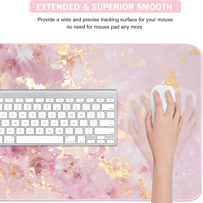 Extended Gaming Mouse Pad(35.4x15.7 in), Large Desk Pad Laptop Computer Keyboard Mat Waterproof Desk Decor Writing Pad for Work, Game, Office, Home - Pink Gold Marble
