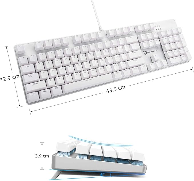 Qisan 104 Mechanical Keyboard for Gaming | Large Size USB White Backlit Gaming Keyboard Wired | US Layout Blue Switches Hot Swappable Mechanical Clicky Keyboards Compatible with PC & Laptop