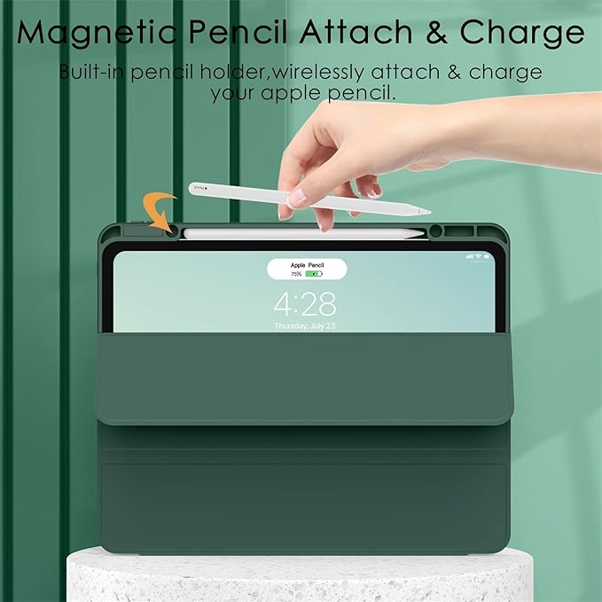 Soke Case for iPad Pro 12.9 Inch (6th/5th/4th/3rd Generation, 2022/2021/2020/2018) - Pencil Holder + Auto Sleep/Wake + Camera Protection, Transparent Shockproof Back Cover, Midnight Green