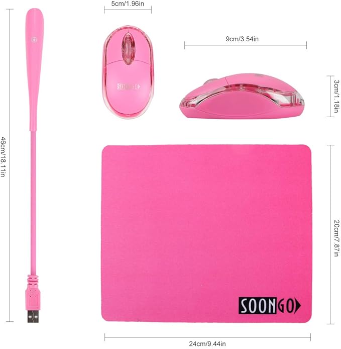 Pink Mouse and Pad USB LED Light 3 in 1 Gift Comb Kids Mouse for Laptop Home Office Travel by SOONGO