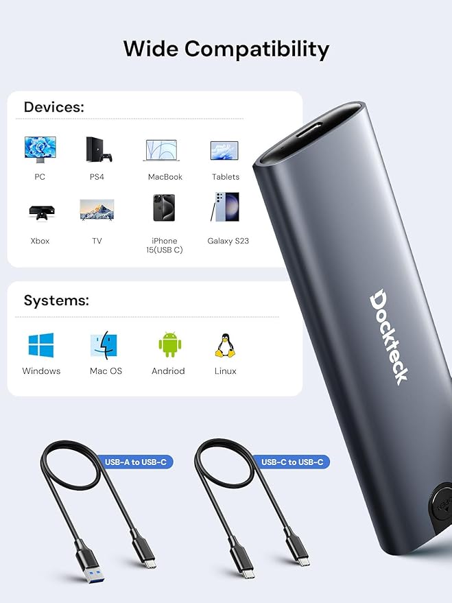dockteck M.2 NVMe SATA SSD Enclosure, Tool-Free 10Gbps USB 3.2 Gen 2 NVMe to USB Adapter Case for SSDs 2230/2242/2260/2280, External SSD Reader Supports M-Key/B+M Key and UASP