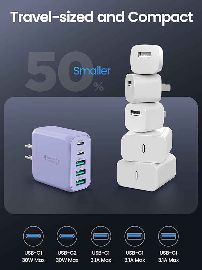 60W USB C Charger Block for iPhone 17 16 15,EIZLXQ 2-Pack USB C Wall Charger with Total 60W Max Output,10FT USB C Cable,Fast Charging Blocks for iPhone 17/16/15 Series,Galaxy,Pixel,iPad-Lavender