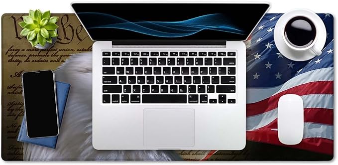 SSOIU Bald Eagle on American Flag Mouse Pad 35.5 X 15.7 Inch XXL Full Desk Mousepad Extended Large Non-Slip Rubber Base Waterproof Big Keyboard Mat with Stitched Edges for Gaming and Office