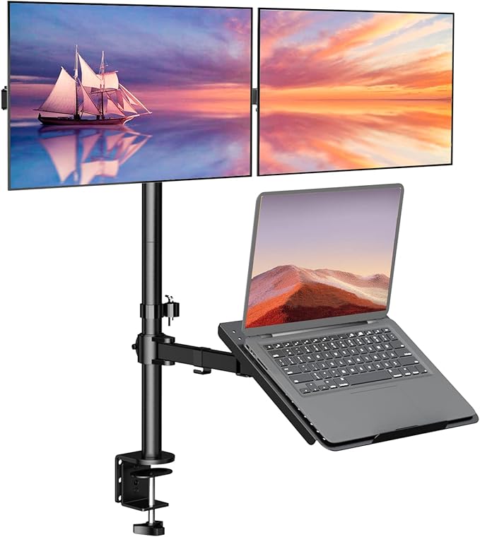 WALI Triple Arm Laptop and Dual Monitor Desk Mount for 17" Notebook and Up to 27" Screens, Extra Tall Adjustable Monitor Stand with Laptop Tray, VESA 75x75 100x100, Black (M002XLLP)