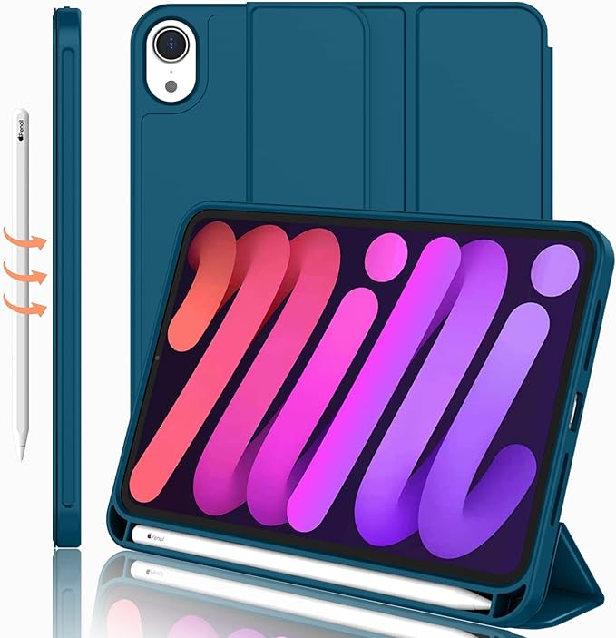 iMieet iPad mini 7 Case 2024 (A17 Pro), iPad mini 6 Case (8.3-Inch,2021 Model), iPad mini 7th/6th Generation Case with Pencil Holder, Trifold Stand Smart Case with Soft TPU Back,Teal