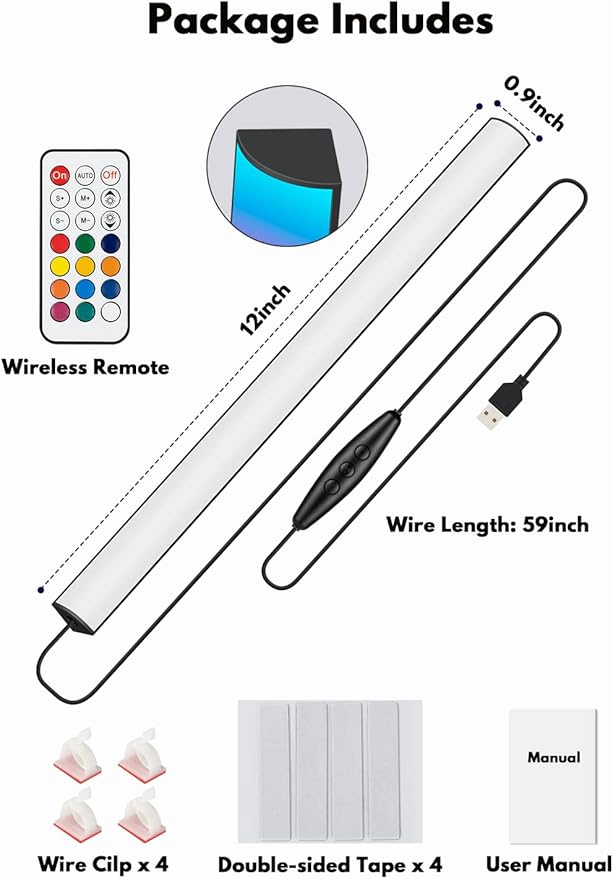 Under Monitor RGB Light Bar, LED Light for Desk Gaming Setup, USB Powered Keyboard Light, 12 Inch 5V, 353 Color Change Modes, Wireless Remote, LED Ambient Lights for Room Decor, Desk Setup, PC