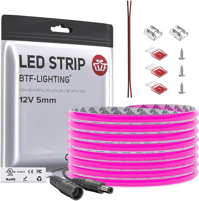 BTF-LIGHTING FCOB COB LED Strip Purple Color 5mm Width UL Listed Super Narrow Flexible Uniform Light DC12V 16.4FT CRI 90+ Dimmable LED Ribbon for Bedroom Home Indoor Decor(No Adapter or Controller)