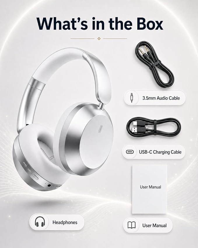 Wentronic Y05 Bluetooth Over-Ear Headphones with Active Noise Cancelling, Hi-Res Audio, 48H Playtime, Built-in Mic, Wired/Wireless, Works with iOS, Android & PC, Silver