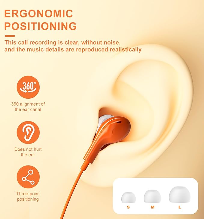 Wired Earbuds USB C for iPhone 17 Pro Max 15 16 iPad Air Pro 11/13 in Ear Headphones Wired with Microphone Volume Control Type C Headphones for Samsung S26 S25 Ultra S24 A16 A56 Xiaomi Pixel Orange