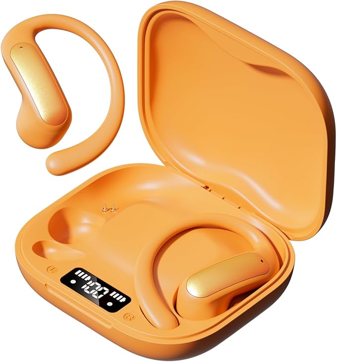 TINGER Open Ear Bluetooth Headphones 5.4 - IPX5 Waterproof Wireless Sports Earbuds,18H Playtime with Digital Power Display, Ultra-Light Weight Design for Cycling/Running/Gym (Orange)