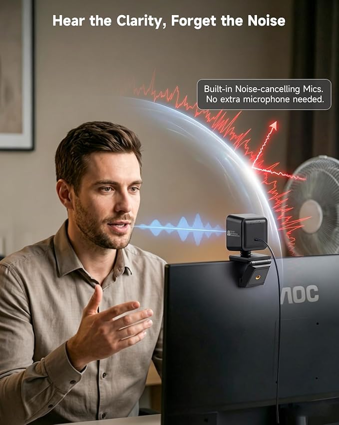 AOC 4K Webcam for PC with 1/2.55'' Sensor, 1080P 60FPS Streaming Camera with PDAF Autofocus, Privacy Cover, Plug & Play computer camera 75° FOV for Zoom/Mac/Switch 2, Includes Tripod & USB A-C Adapter