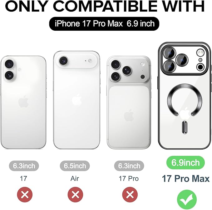 Hython Magnetic Clear for iPhone 17 Pro Max Case with Camera Lens Protector [Compatible with MagSafe] Plating Edge Slim Soft TPU Cover Protective Phone Case for iPhone 17 Pro Max 6.9", Black