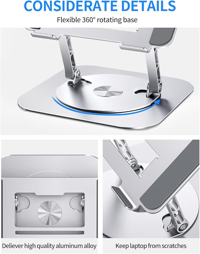 AOEVI Adjustable Computer Stand with 360 Rotating Base, Ergonimic Foldable Laptop Riser for Desk Compatible with MacBook Pro/Air Notebook up to 16 Inches, Silver
