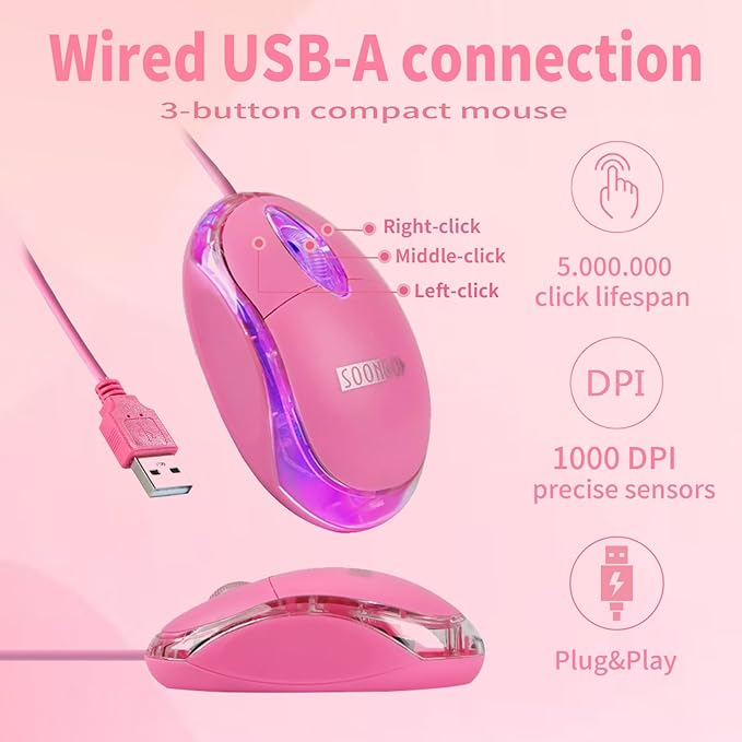 SOON GO Pink Mouse,Computer Mouse,with 1.5m Pink USB Cable - Compatible with Windows, Linux, Mac, Laptop, PC & Desktop - Ideal for Office, Home, Business, School, Kids & Women