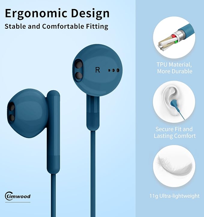 Kimwood Wired Earbuds with Microphone, Wired Earphones in-Ear Headphones HiFi Stereo, Powerful Bass and Crystal Clear Audio, Compatible with iPhone, Android, Computer Most with 3.5mm Jack(Blue)