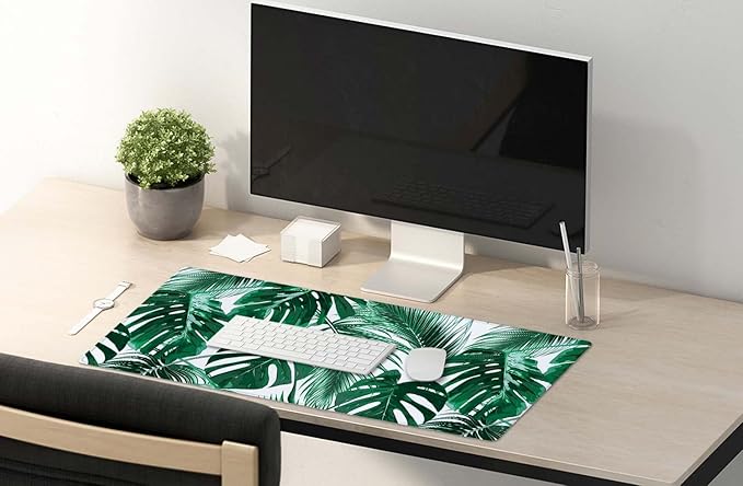 SSOIU Extended Gaming Mouse Pad (35.5x15.7 in), Large Stable Rubber Base Mousepad with Stitched Edges, Keyboard Mouse Mat Desk Pad for Work, Game, Office, Home - Tropical Palm Leaves