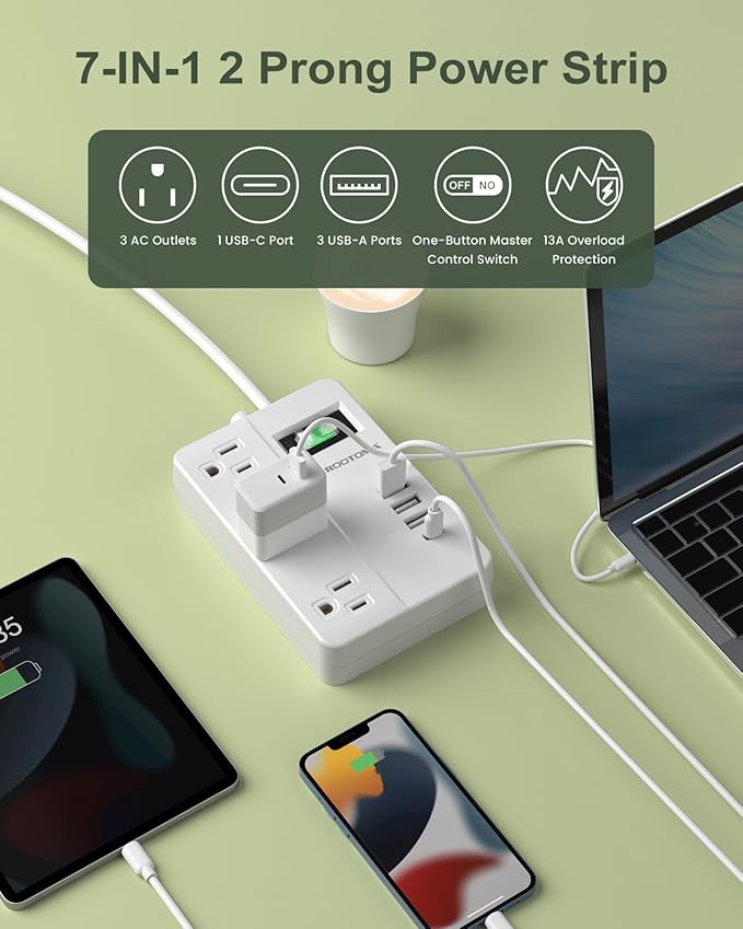 2 Prong Power Strip with USB-C, ROOTOMA 2 Prong to 3 Prong Outlet Adapter, 1080J 2 Prong Surge Protected with 3 Outlet & 4 USB, 3 Prong Adapter 4ft, for Polarized Two Prong Outlet, Old House, White