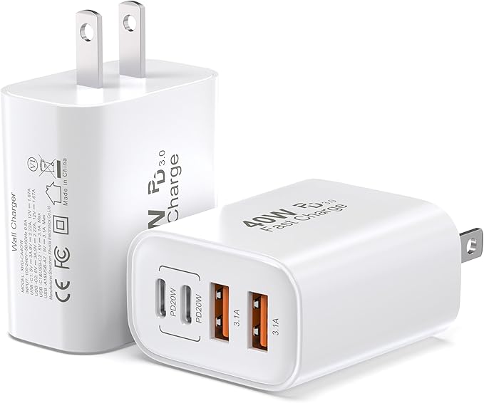 TT&C 40W USB C Charger Block 2-Pack, 4-Port Fast Charging Block (2 USB-C + 2 USB-A), Compact Multi-Device Wall Plug Adapter for iPhone 17,16,15,14,13, Pro Max, Samsung Galaxy S24/S23, Travel & Home