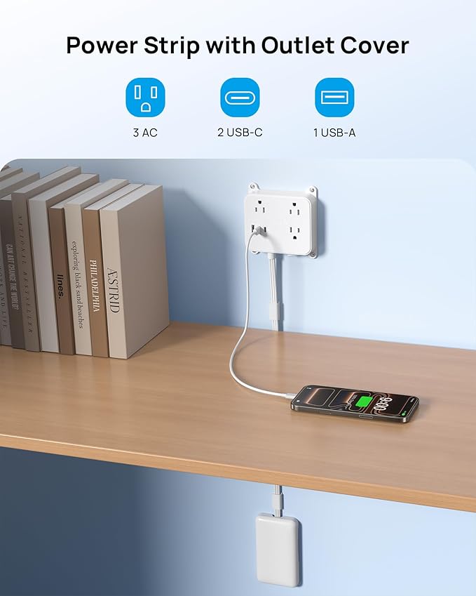 TROND Flat Power Strip with Outlet Concealer, 3 FT Short Extension Cord with 3 Widely Spaced AC Outlets, 3 USB Charger(2 USB C Ports), Wall Mount Outlet Cover for Nightstand Couches Home Essentials