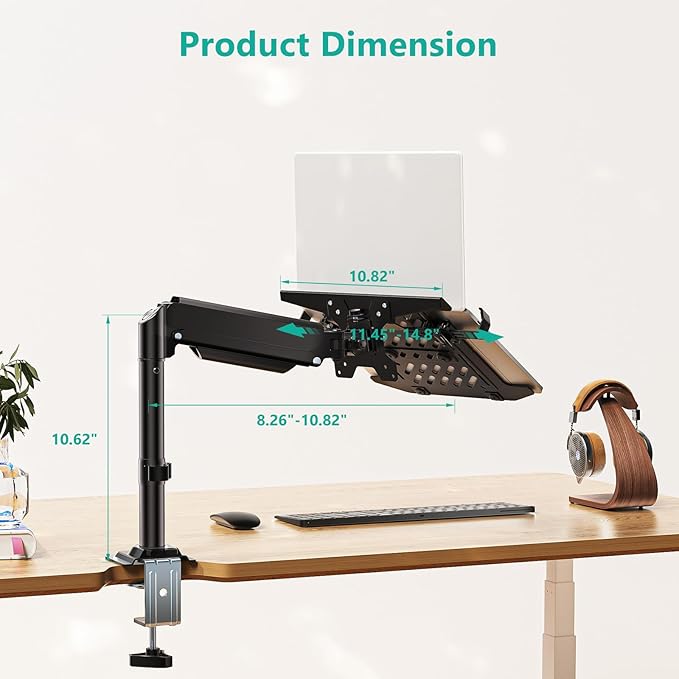 WALI Laptop Desk Mount for 15.6 inch Notebook, Fully Adjustable Single Monitor Arm with Laptop Holder for 32 inch Screen, Laptops Stand with Ventilated Tray, Up to 22 Lbs, (GSDM00LP), Black