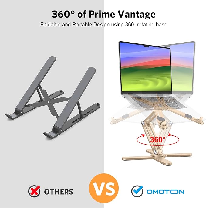 OMOTON 360° Rotating Laptop Stand Riser for Desk, Ergonomic Foldable Computer Stand Adjustable Height Angles for Collaborative Work, Easy Storage Fit Macbooks,All Laptops up to 16 inches, Gold