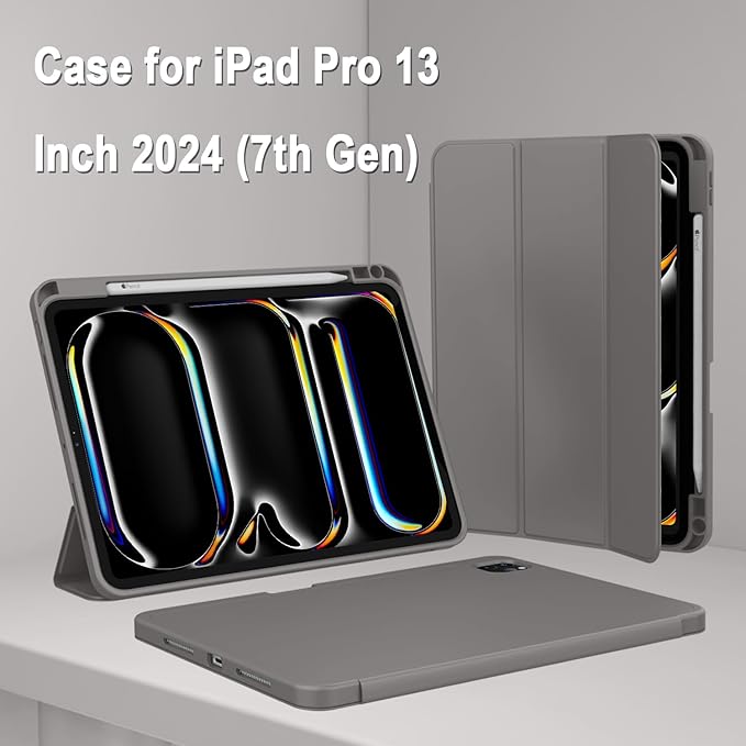 ZryXal New iPad Pro 13 Inch Case (M5) 2025 / (M4) 2024 with Pencil Holder, Smart iPad Case [Support Pencil Pro and Pencil (USB-C)], Support Touch ID and Auto Wake/Sleep (Space Gray)