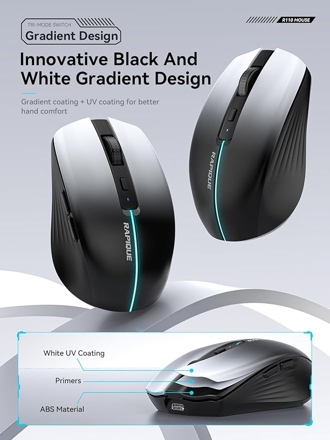 RAPIQUE Bluetooth Wireless Mouse – White to Black Gradient, Dual Bluetooth 5.1 & 2.4G Connectivity, Silent Click, Rechargeable, Ergonomic 6-Button for Windows/MacOS/Android/Laptop/MacBook/iPad