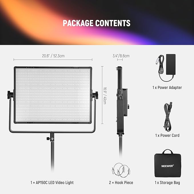 NEEWER 150W RGB LED Panel Video Light Kit with Barn Doors, 1800 LEDs 42500Lux/0.5m 2500K-10000K CRI96+/TLCI97+ 0-100% Dimming, APP/2.4G/Panel/DMX Control for Pro Studio Gaming Lighting, AP150C