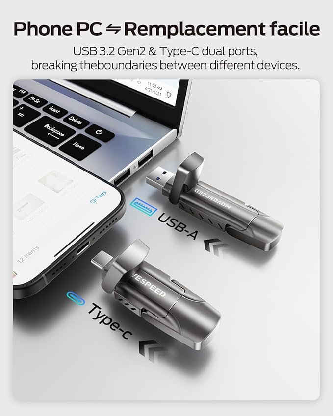 MOVE SPEED 256GB Thumb Drive, 1000MB/s Read Write Speed, USB 3.2 Gen2+Type C Dual Interface SSD Drive with Leather Case Memory Stick for iPhone 15, 16, 17 Series/MacBook/Android/Audio etc(1 Pack)