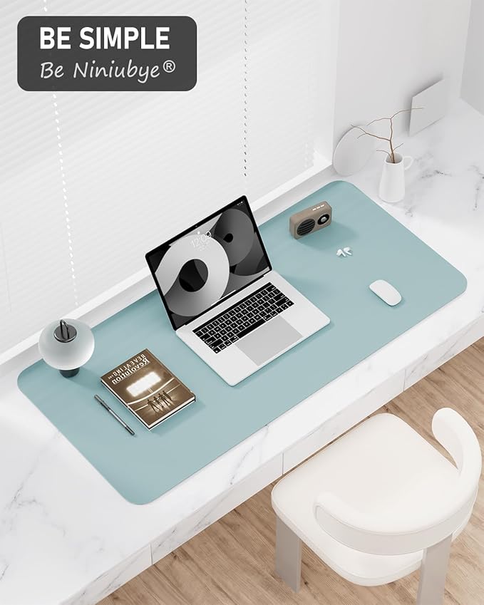 Desk Pad, 23.6" x 13.8" PU Leather Non-Slip Desk Mat Large Mouse Pad for Desktop, Waterproof Laptop Computer Writing Mat for Office, Home, Work, Gaming, Lake Blue