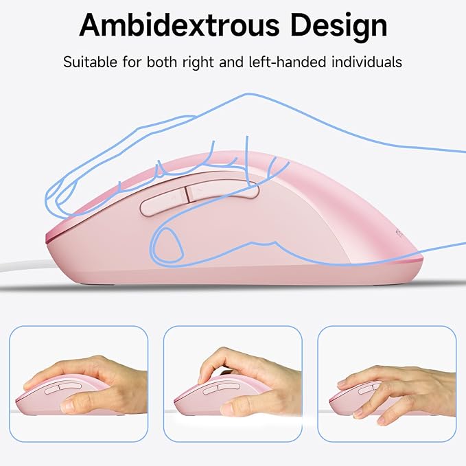 memzuoix Wired Mouse, USB Computer Mouse 1400 DPI Mobile Optical Mouse Ergonomic Design Computer Mice with 5FT Cord for Laptop, PC, Desktop, MacBook, 5 Buttons (Pink)