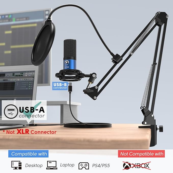 FIFINE USB Recording PC Microphone Kit, Computer Condenser Cardioid Mic on Mac Windows PS4/PS5, for Streaming, Podcasting, Gaming, Video, Home Use, with Gain Knob, Arm Stand-T669 Blue