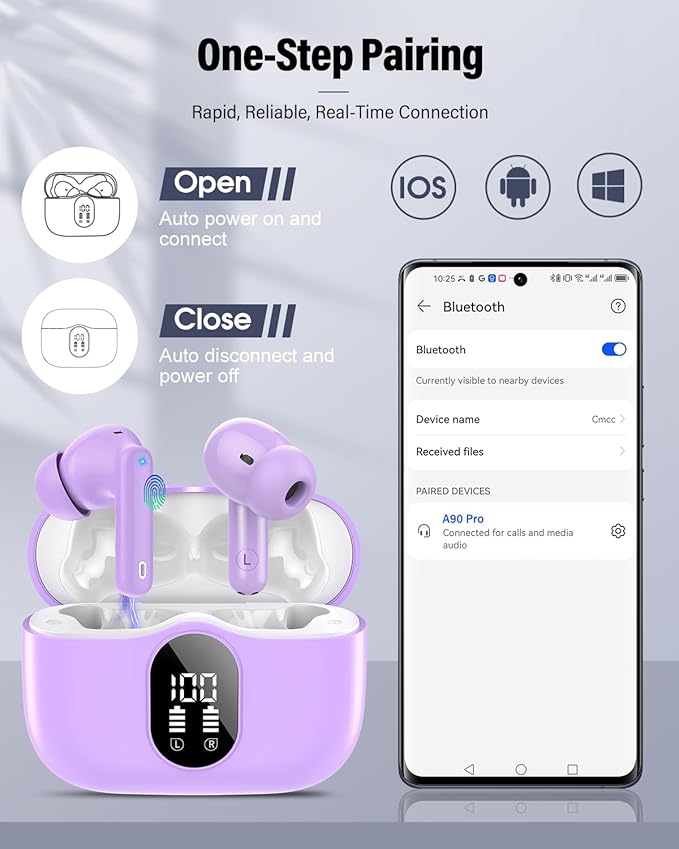 Wireless Earbuds, Bluetooth 5.4 Headphones Bass Stereo, Ear Buds with Noise Cancelling Mic, IP7 Waterproof in Ear Earphones, 36H LED Display Bluetooth Earbuds for Laptop Pad Phones, Pale Violet