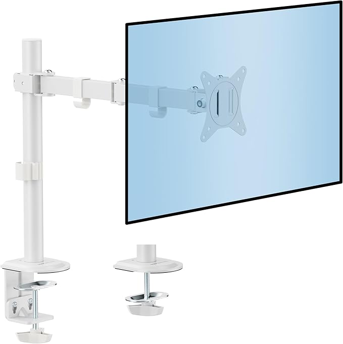 Mount-It! Single Monitor Arm 17" to 32", Full Motion Adjustment with Tilt, Rotation, Swivel, Height Adjustment Along Pole, Clamp or Grommet Mounting, Monitor Desk Mount VESA 75x75 and 100x100, White