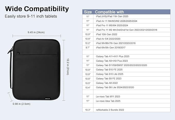 Dadanism 9-11 Inch Tablet Sleeve Padded Carrying Case with Handle, Protective Travel Bag for iPad A16 11" 2025, iPad Air M4/Pro M5 11", iPad 10th Gen 10.9", iPad 10.2", Galaxy Tab A11+ 11", Black