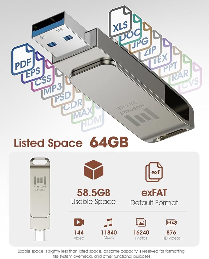 MOSDART 64GB USB C 3.2 Fast Speed C and A Dual Flash Drive, exFAT Memory Stick with Keychain Loop, for iPhone 15,16,17, Android Phone, iPad, MacBook, Silver