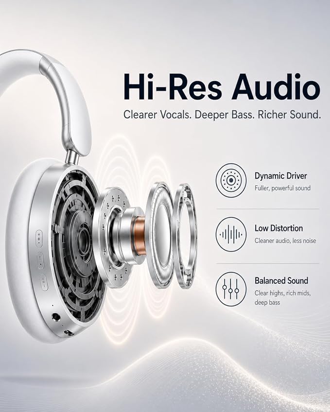 Wentronic Y05 Bluetooth Over-Ear Headphones with Active Noise Cancelling, Hi-Res Audio, 48H Playtime, Built-in Mic, Wired/Wireless, Works with iOS, Android & PC, Silver