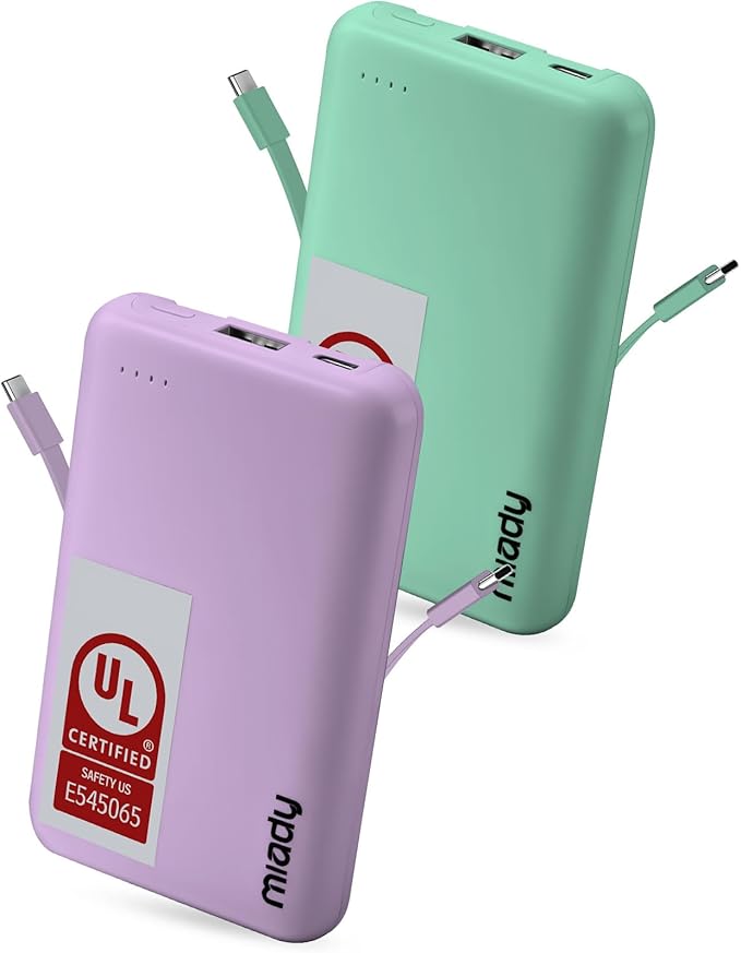 Miady 2-Pack Small Portable Charger UL Listed, 5000mAh Slim Power Bank Built-in 2 Cables Compatible with iPhone 17/16/15/14/13 Galaxy S24/S22 etc (Lake Green+Clove Purple)