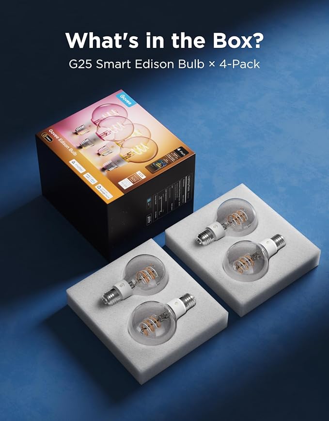 Govee Edison Bulbs, Smart Vintage Light Bulbs, RGBWW Color Changing and Tunable White, Compatible with Matter, Alexa & Google Assistant, G25 Vanity Light Bulb for Living Room Kitchen E26 Base 4 Pack