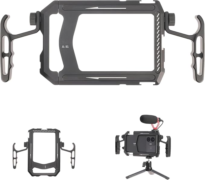 Fotga Aluminum Universal Smartphone Cage Photo Video Stabilizer with Handles Rig for iPhone 17 16 15 14 Pro Max Samsung Cell Phone Vlog Live Stream Video Recording,with Cold Shoe Tripod Mount
