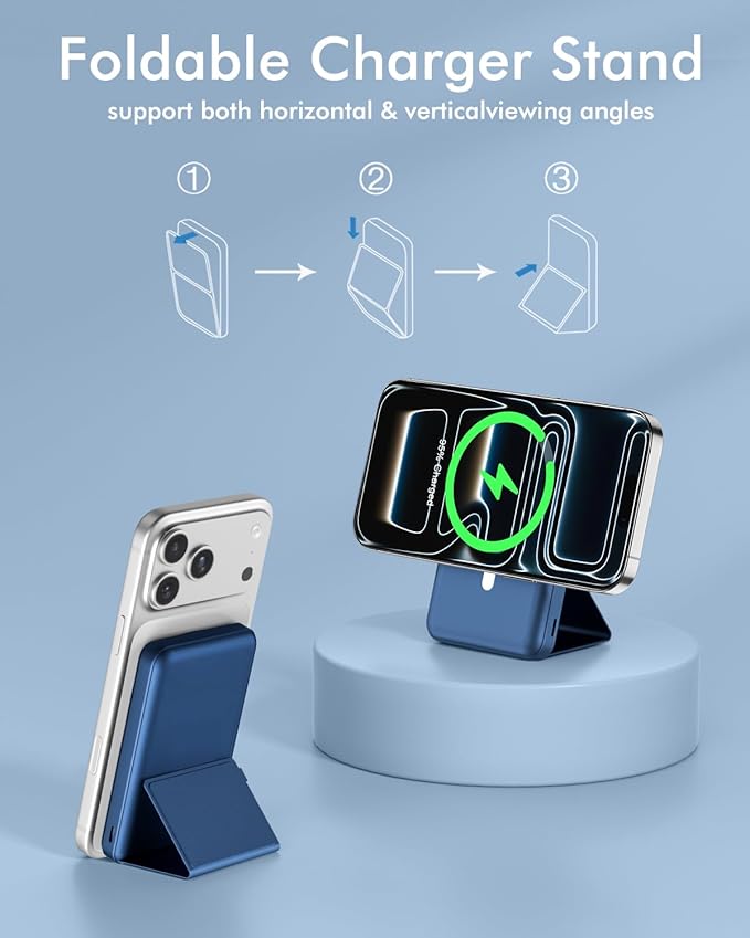 podoru for Magsafe Battery Pack, Foldable 10000mAh Magnetic Power Bank with USB-C Cable LED Display 22.5W PD Fast Charging Wireless Portable Charger for iPhone 17/16/15/14/13/12 Series-Navy Blue