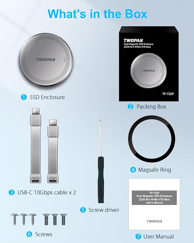 TWOPAN M.2 2230 NVMe SSD Enclosure with Dual-Sided MagSafe, 10Gbps Portable USB-C External SSD Case for 4K ProRes Video, iPhone 17/16/15 Pro Max, MacBook, iPad & USB-C Devices