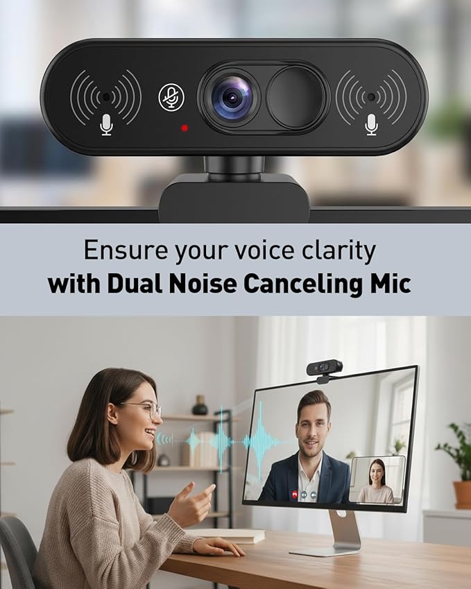 Webcam 1080P FHD with Mute and Cover Dual Privacy Protection, Dual Microphone, Natural Image, Extendable Tripod, for PC, Laptop, Zoom, Teams, Windows, MacOS