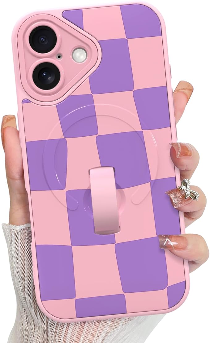 KANGHAR Compatible with iPhone 16 Case, Support for MagSafe, Silicone Checkered Cute Pattern, Wristband Kickstand Camera Protection Soft Slim Cover for Girls Women -Pink