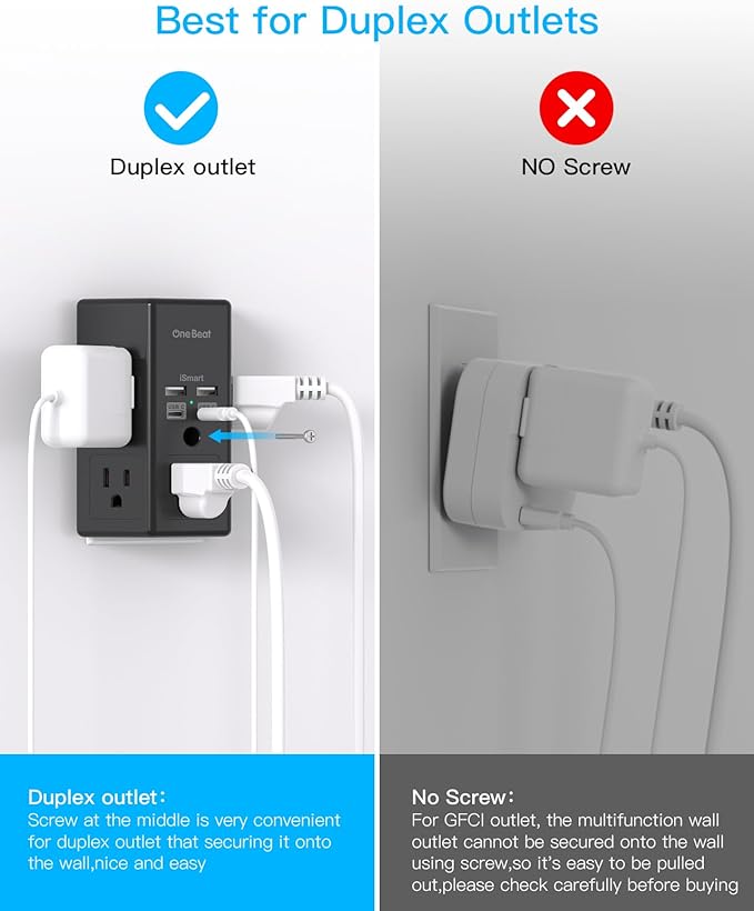Surge Protector, 5 Outlets Extender with 4 USB Ports(USB C PD20W), 3-Side 1680J Power Strip Multi Plug Outlet Expander, USB Wall Charger, Outlet Splitter Adapter Wall Mount for Home Office(Black)